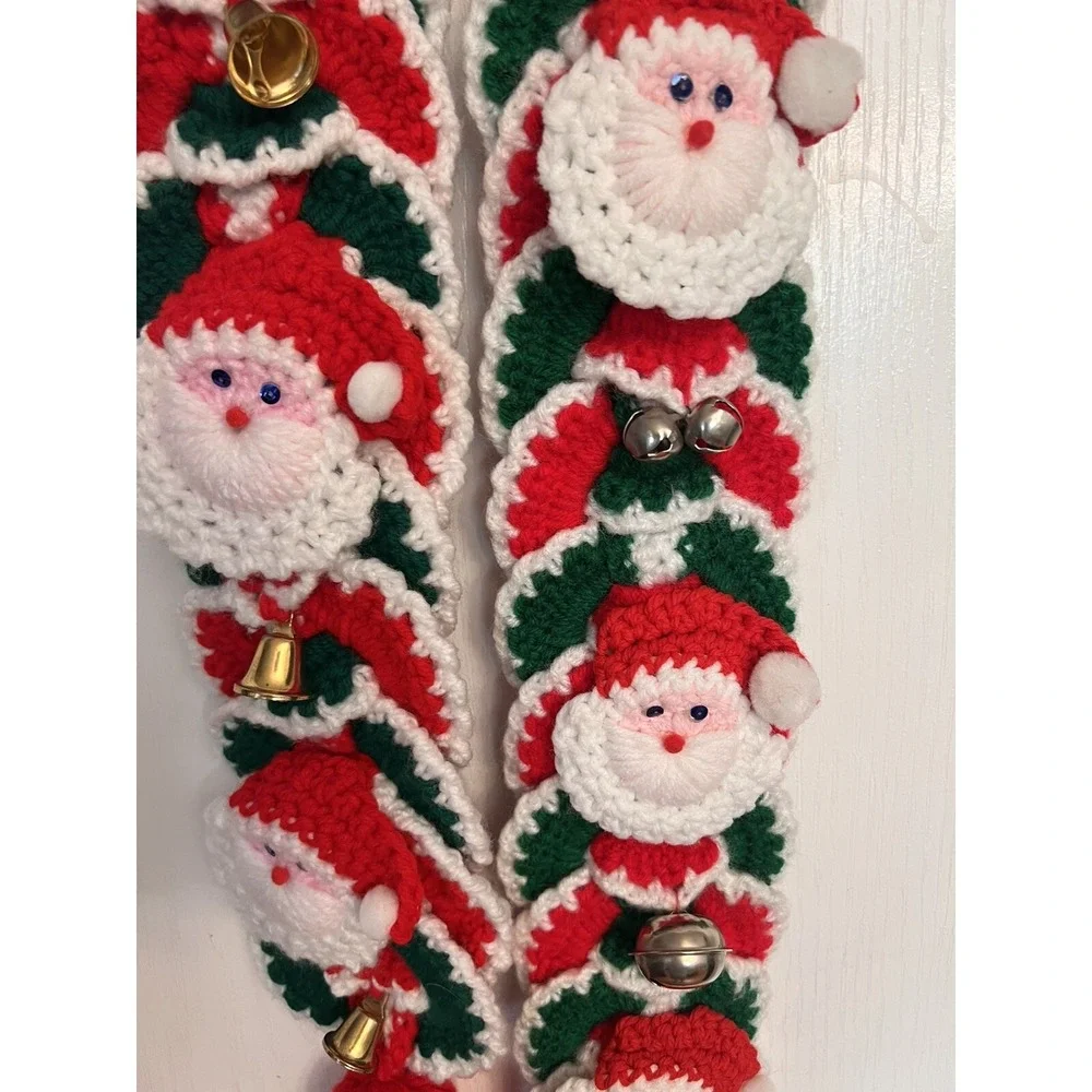 Vintage‎ 60s Handmade Crocheted Santa  Wall Hanger Red Green Tassle 4 x 31